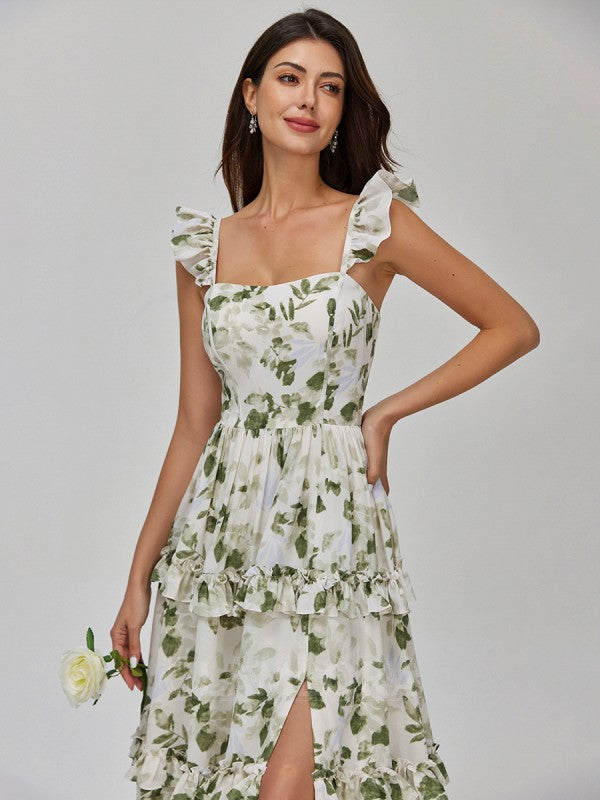 A Line Boho Floral Bridesmaid Dresses Green Chiffon with Ruffles Mychicdress