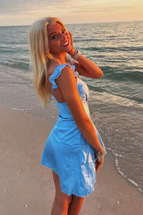 A-line Cheap Blue Homecoming Dress with Ruffle Straps Mychicdress
