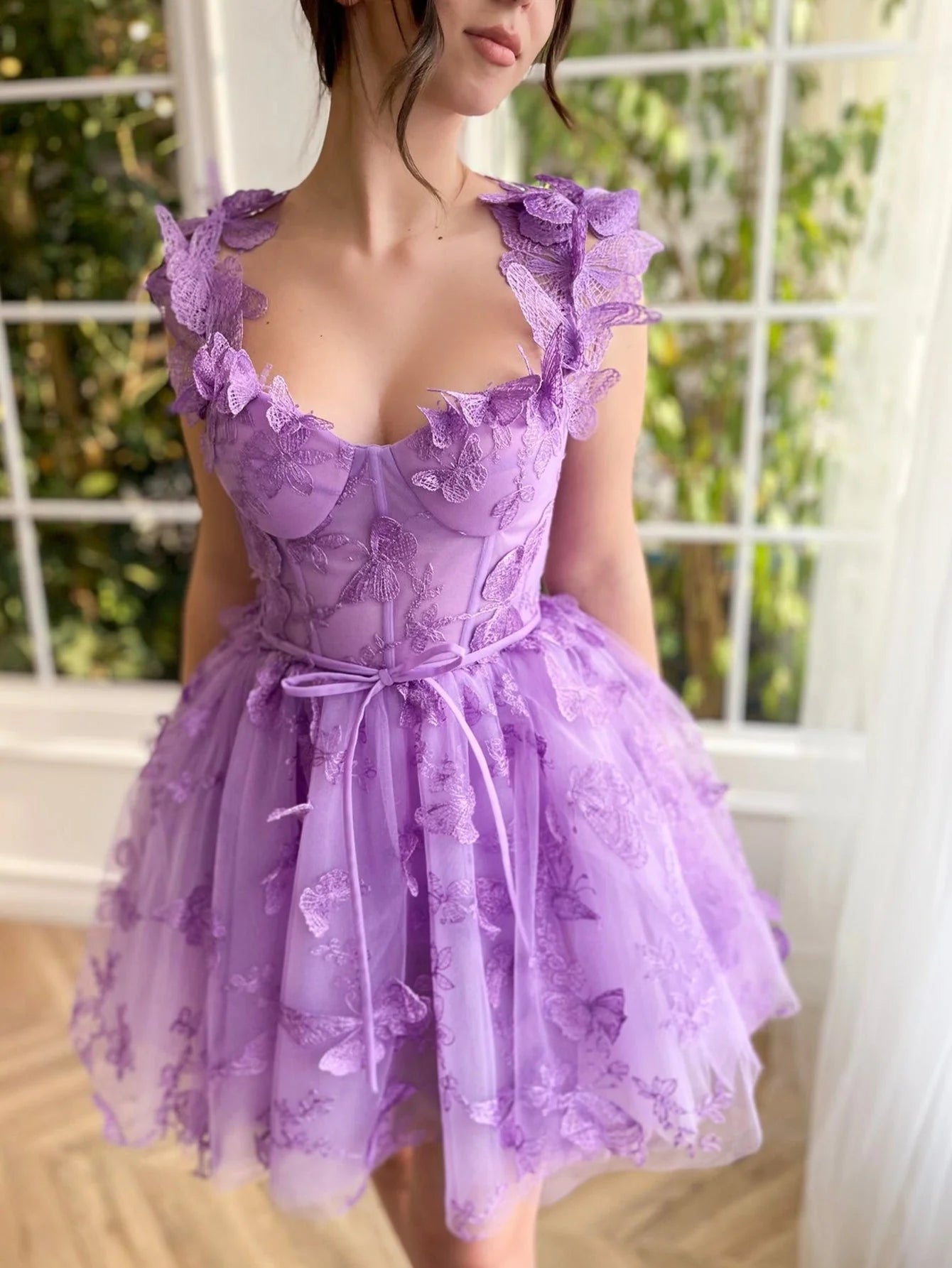 A-Line Cheap Purple Homecoming Dress Corset With Butterflies