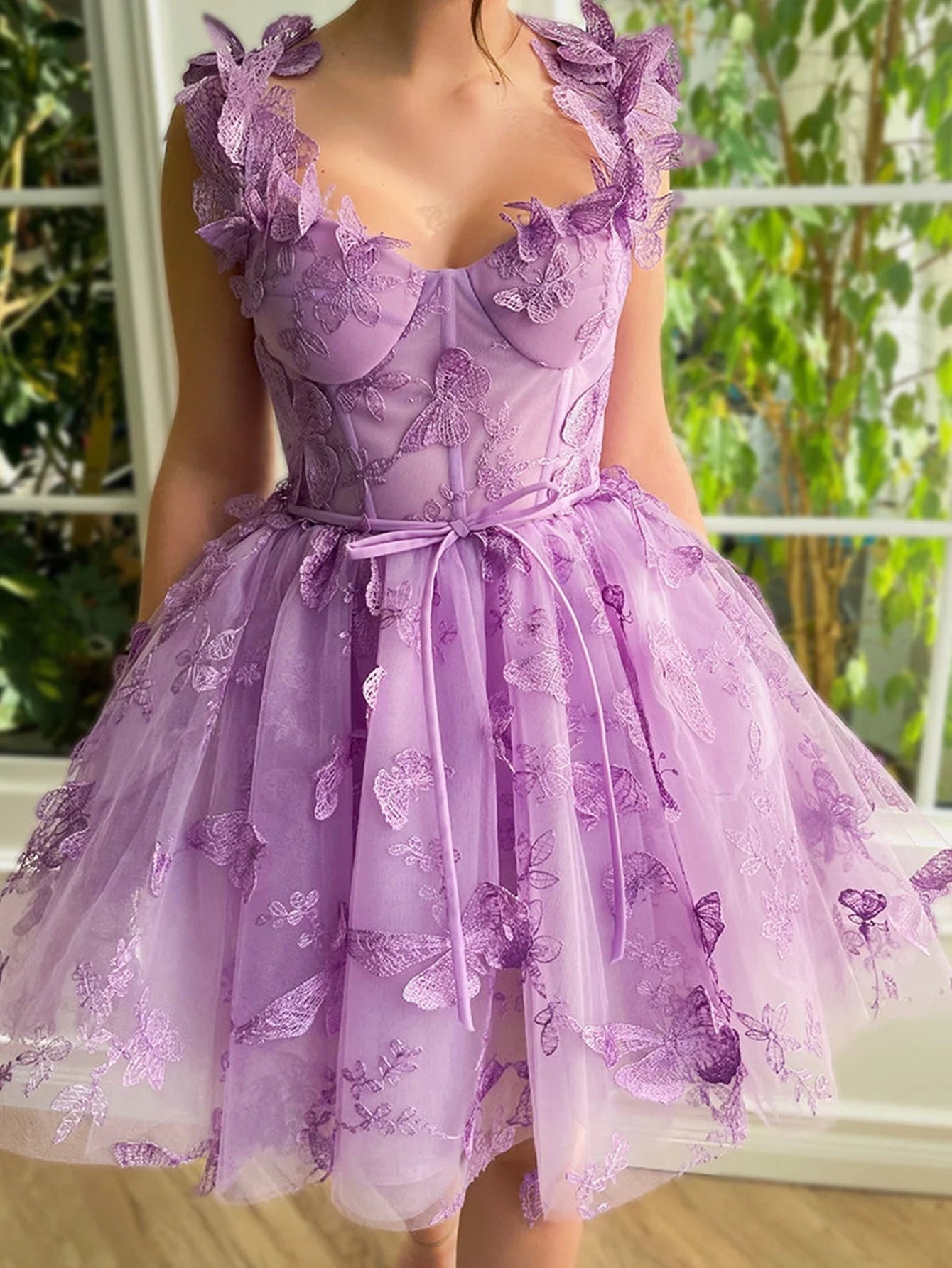 A-Line Cheap Purple Homecoming Dress Corset With Butterflies