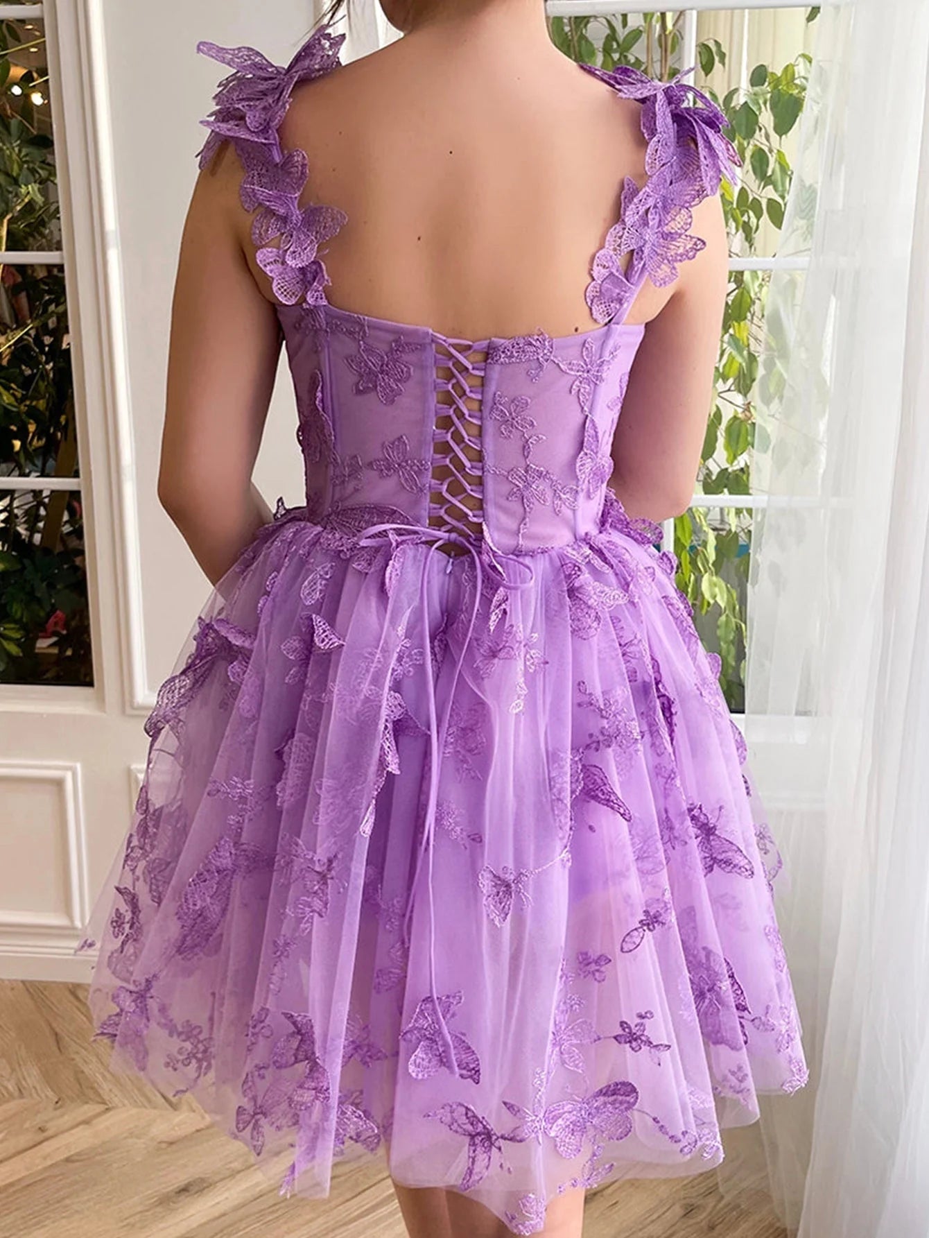 A-Line Cheap Purple Homecoming Dress Corset With Butterflies