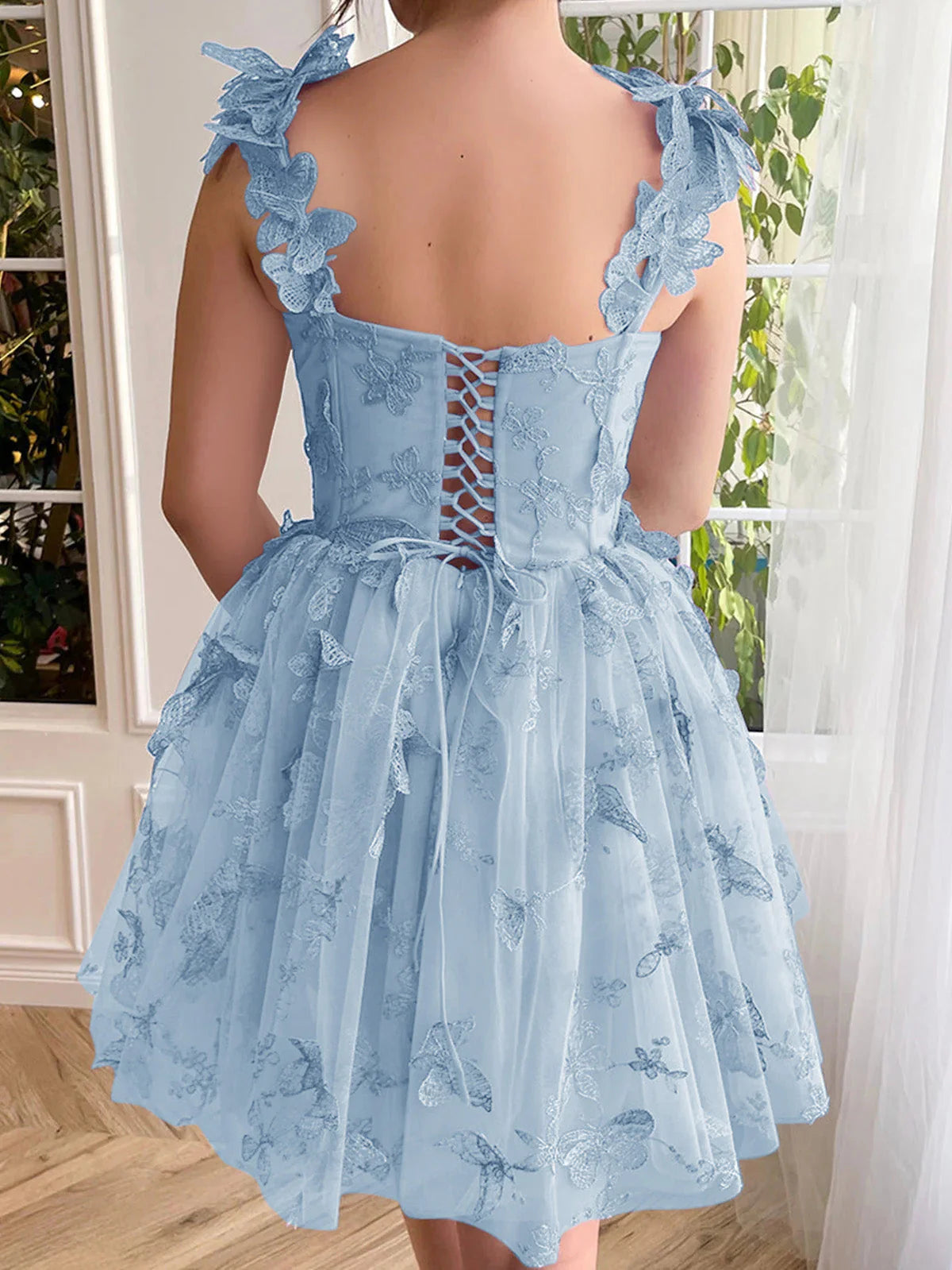 A-Line Cheap light blue Homecoming Dress Corset With Butterflies