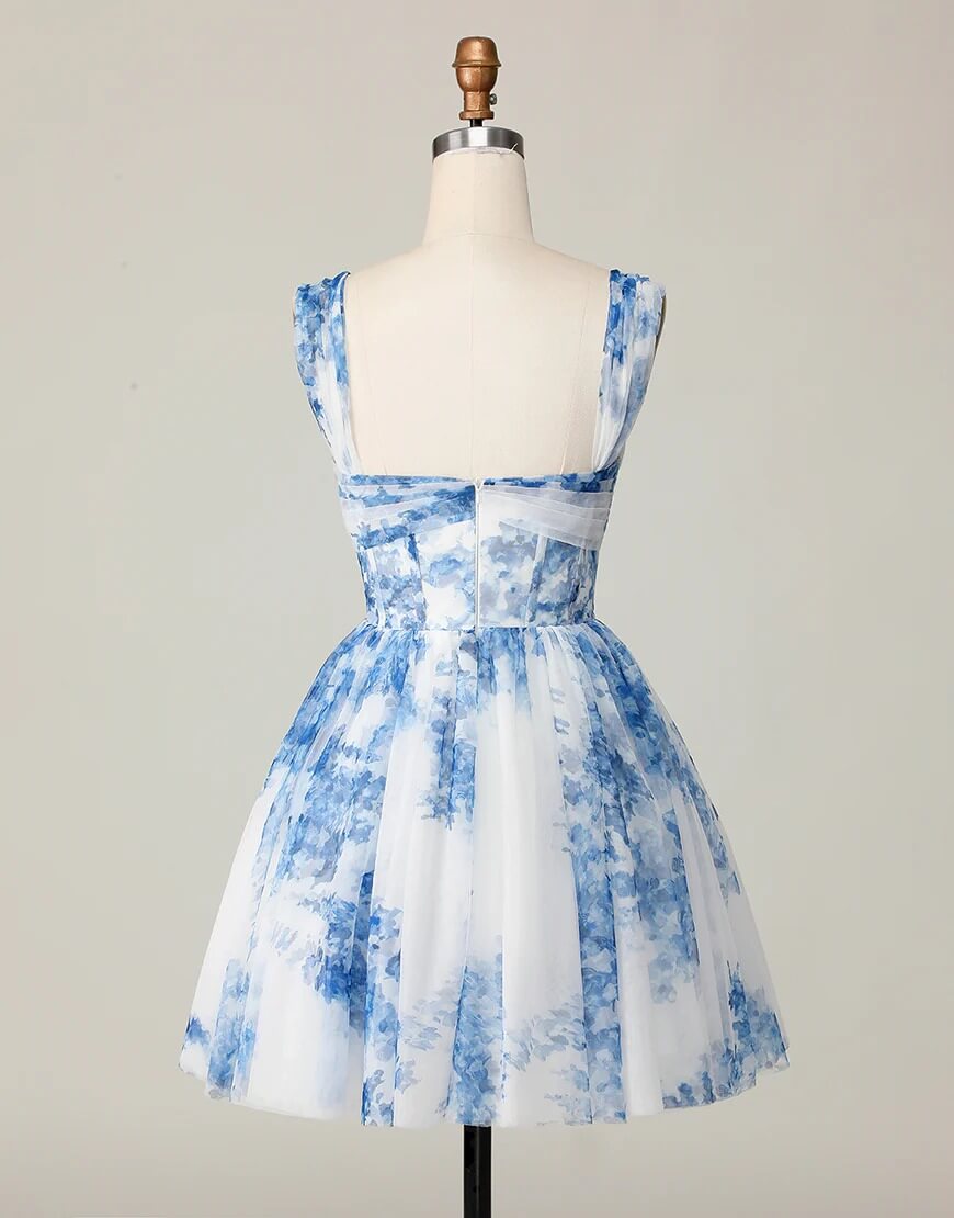 A Line Corset Blue Floral Homecoming Dress Off Shoulder Printed Party Dress