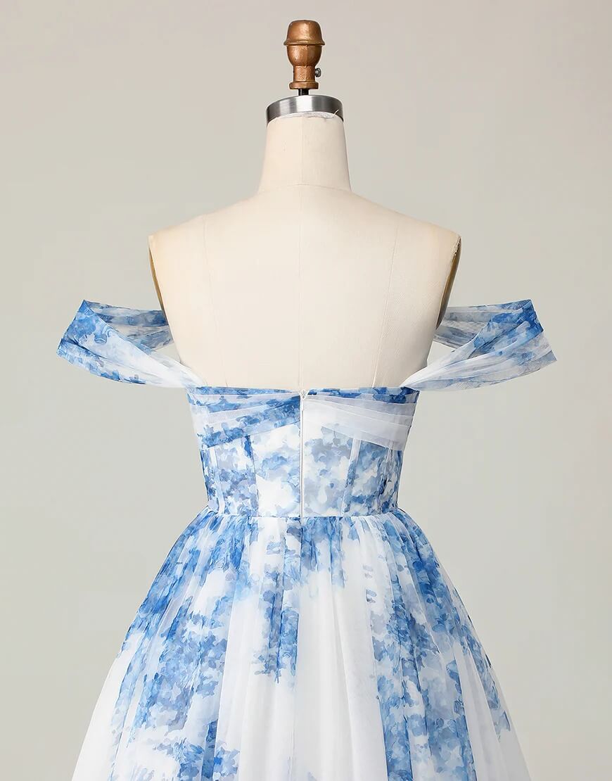 A Line Corset Blue Floral Homecoming Dress Off Shoulder Printed Party Dress