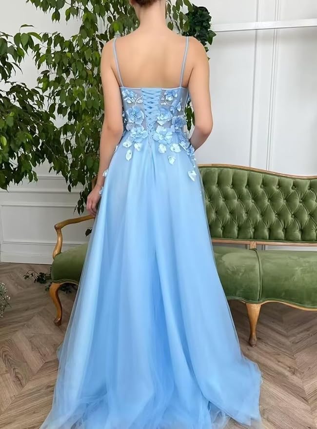 A-line Floral Blue Prom Dresses Tulle Sweetheart Evening Gown Sleeveless