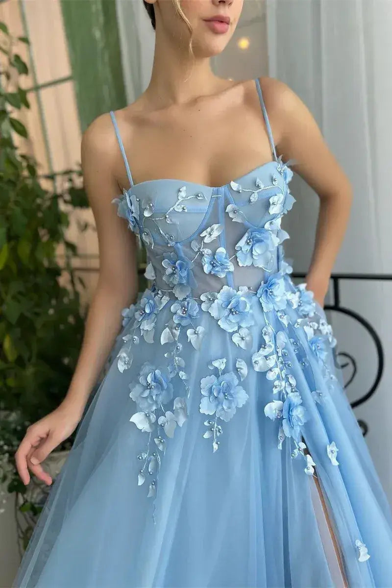 A-line Floral Blue Prom Dresses Tulle Sweetheart Evening Gown Sleeveless