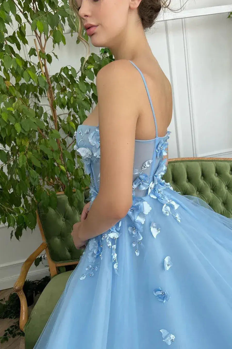 A-line Floral Blue Prom Dresses Tulle Sweetheart Evening Gown Sleeveless