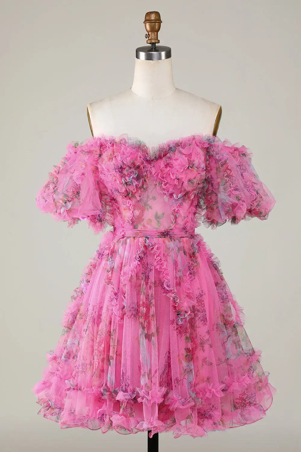 A Line Floral Cocktail Dress Off-Shoulder Pink Short Homecoming Dress