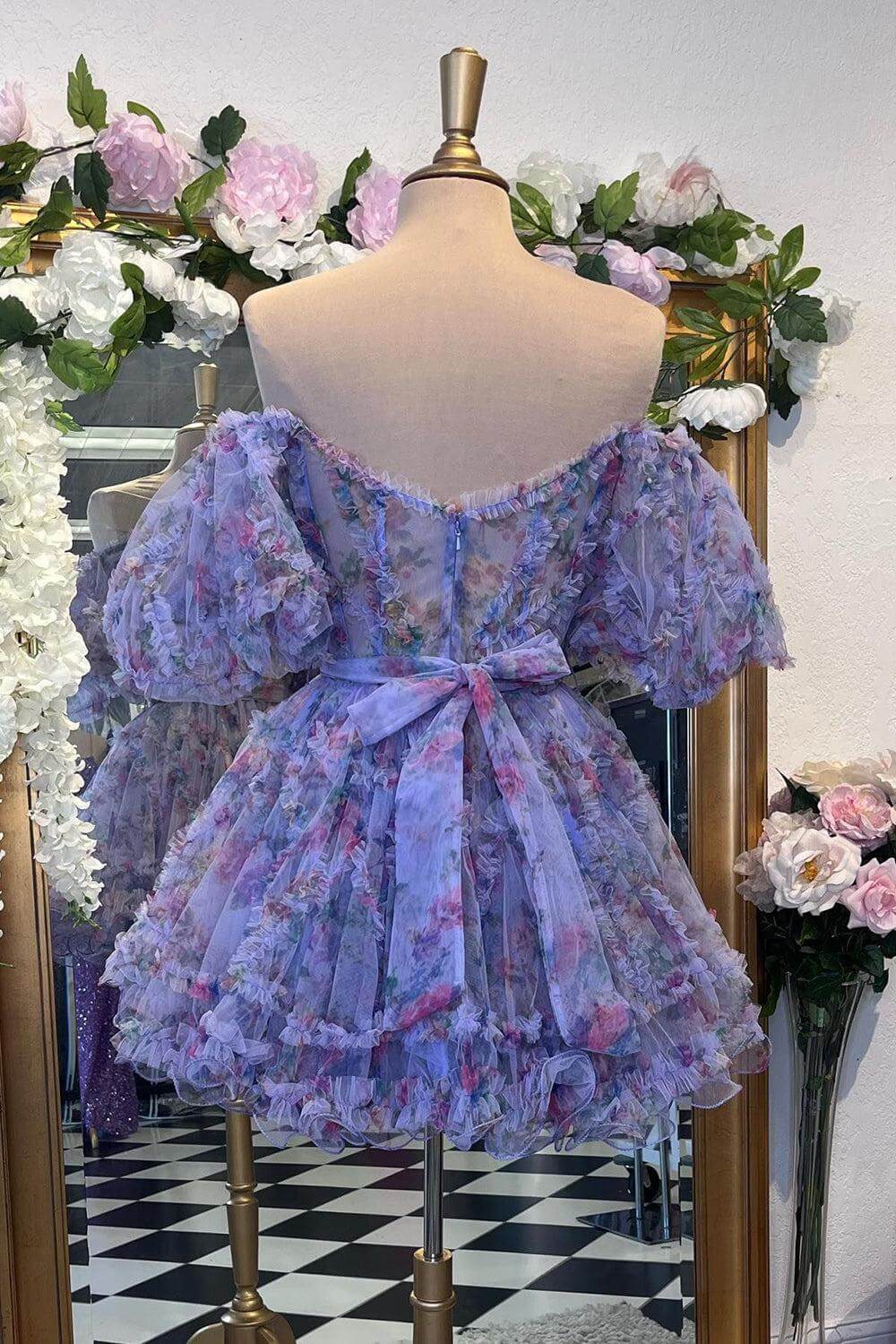 A Line Floral Cocktail Dress Off-Shoulder Pink Short Homecoming Dress