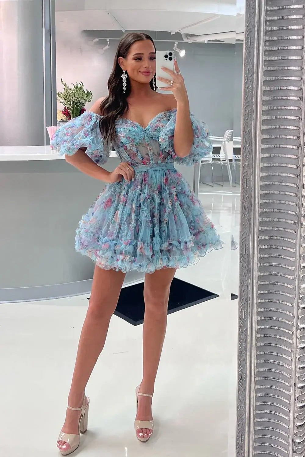 A Line Floral Cocktail Dress Off-Shoulder Pink Short Homecoming Dress