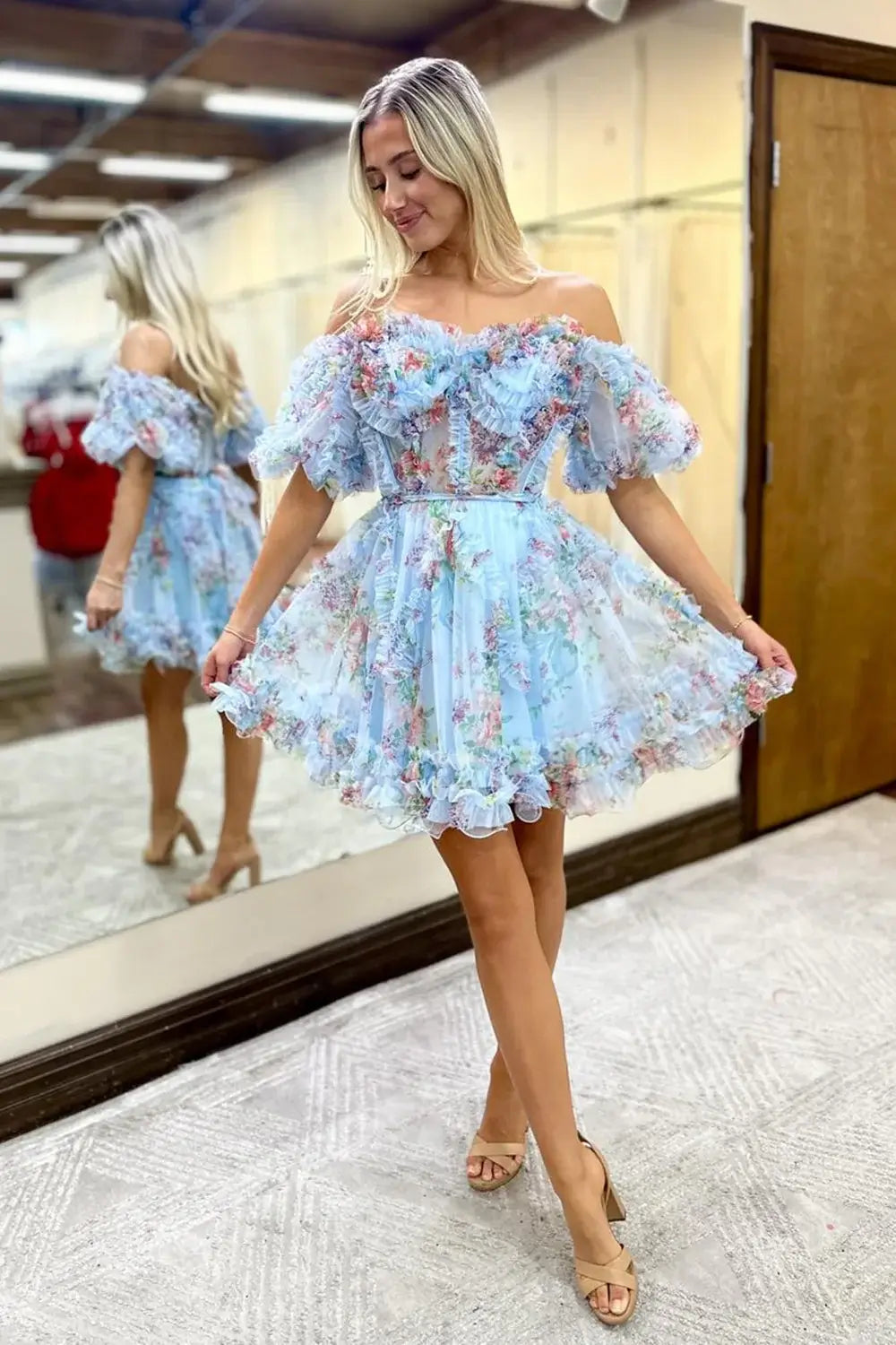 A Line Floral Cocktail Dress Off-Shoulder Pink Short Homecoming Dress
