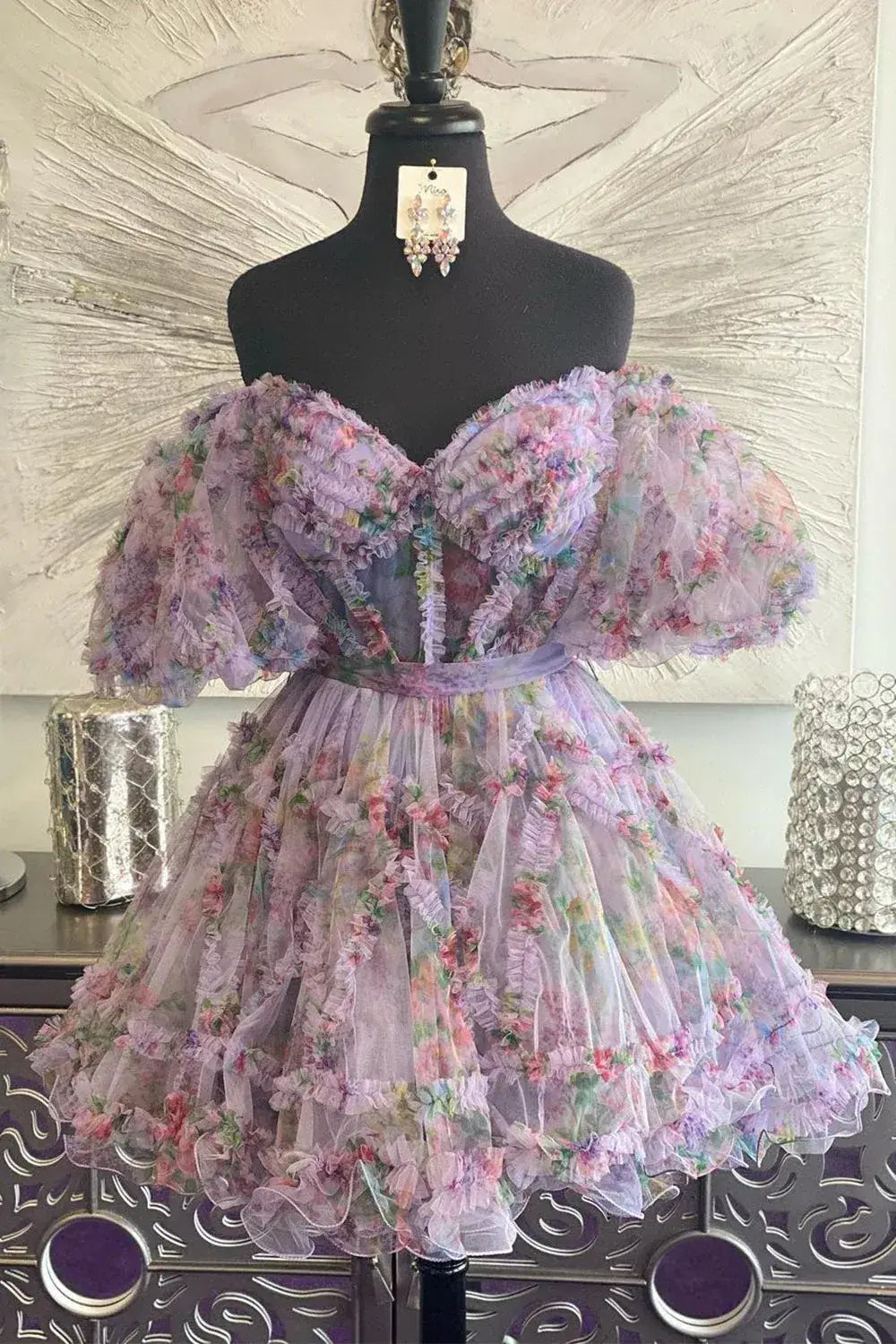 A Line Floral Cocktail Dress Off-Shoulder Pink Short Homecoming Dress