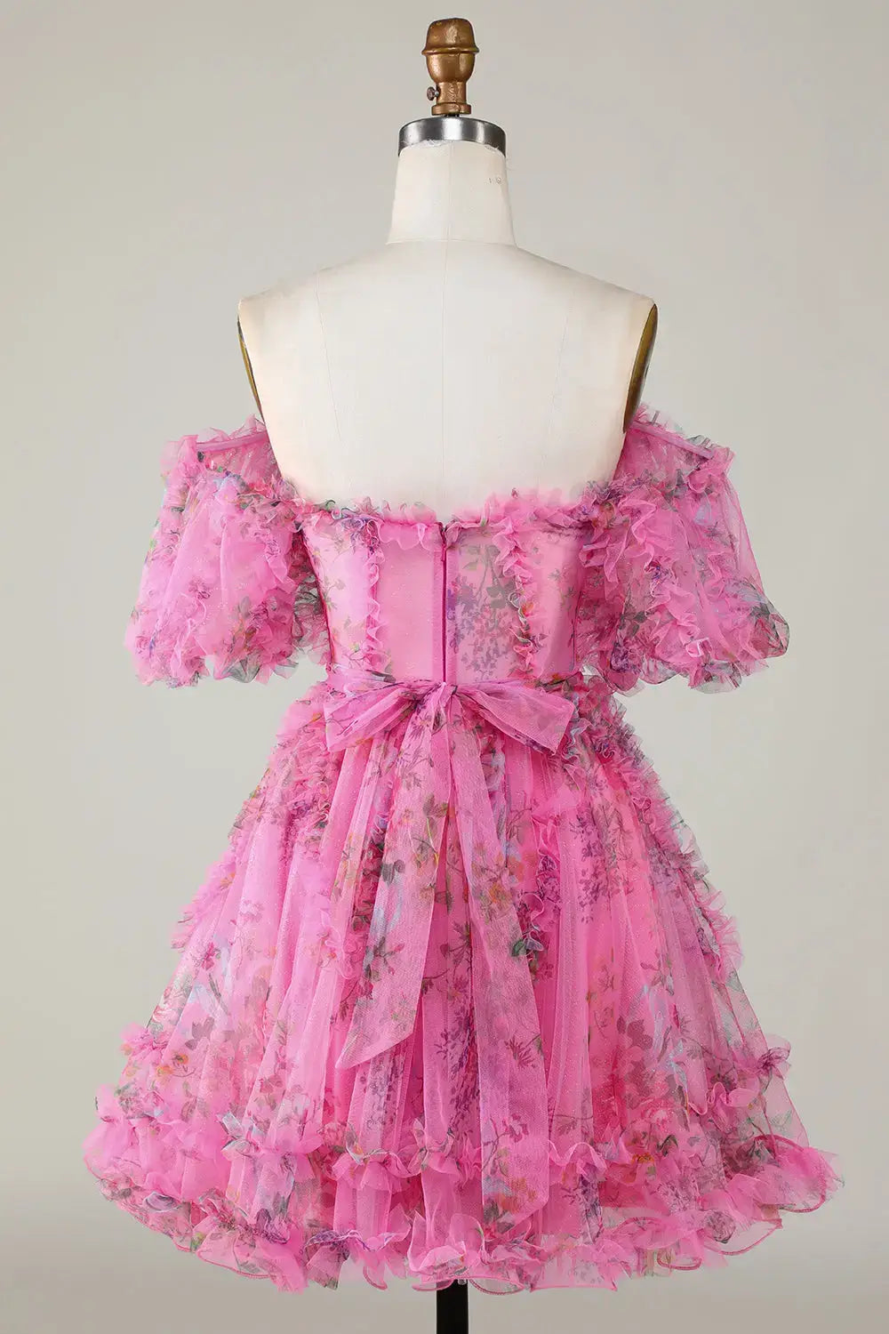 A Line Floral Cocktail Dress Off-Shoulder Pink Short Homecoming Dress