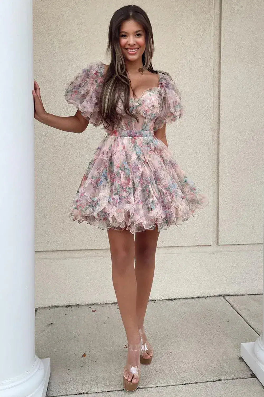 A Line Floral Cocktail Dress Off-Shoulder Pink Short Homecoming Dress