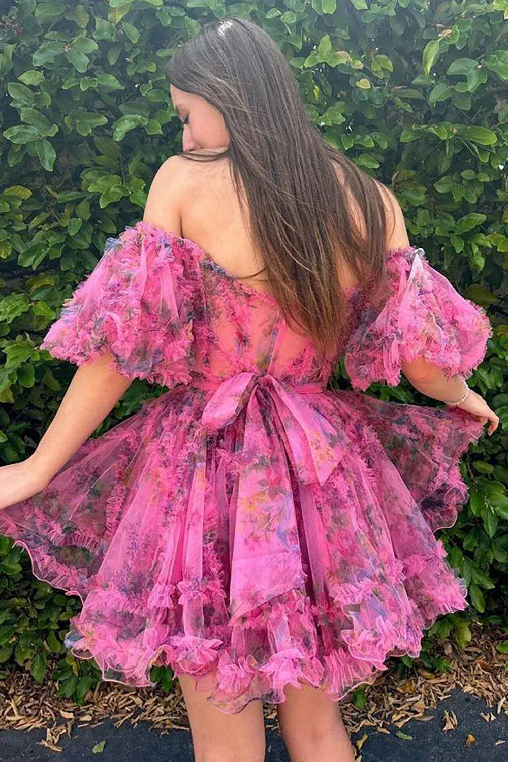 A Line Floral Cocktail Dress Off-Shoulder Pink Short Homecoming Dress