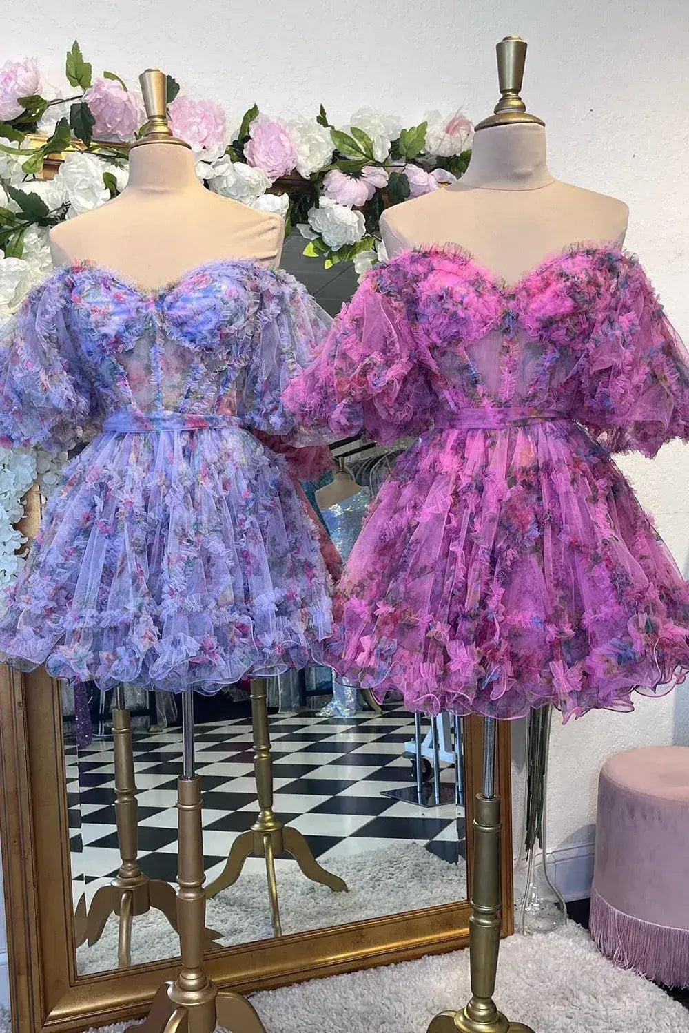 A Line Floral Cocktail Dress Off-Shoulder Pink Short Homecoming Dress