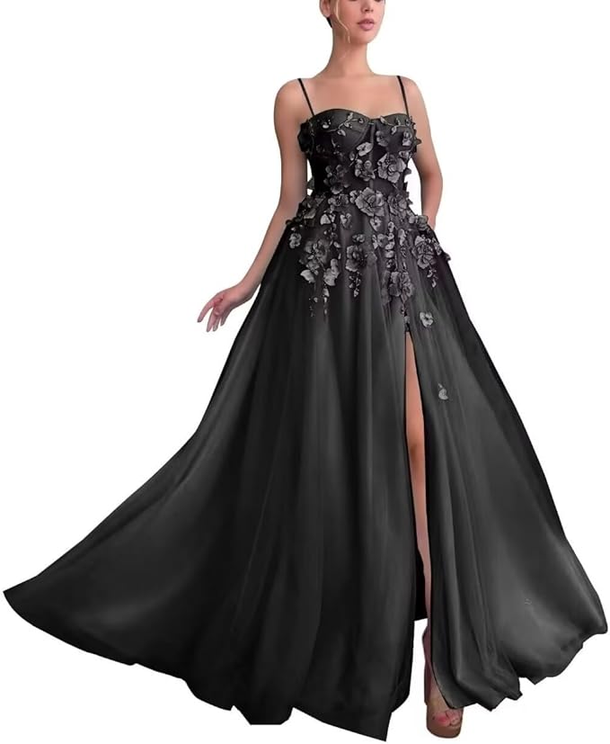 Black evening gown with floral embellishments
