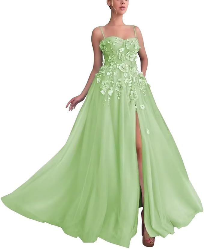 A-line Floral Blue Prom Dresses Tulle Sweetheart Evening Gown Sleeveless