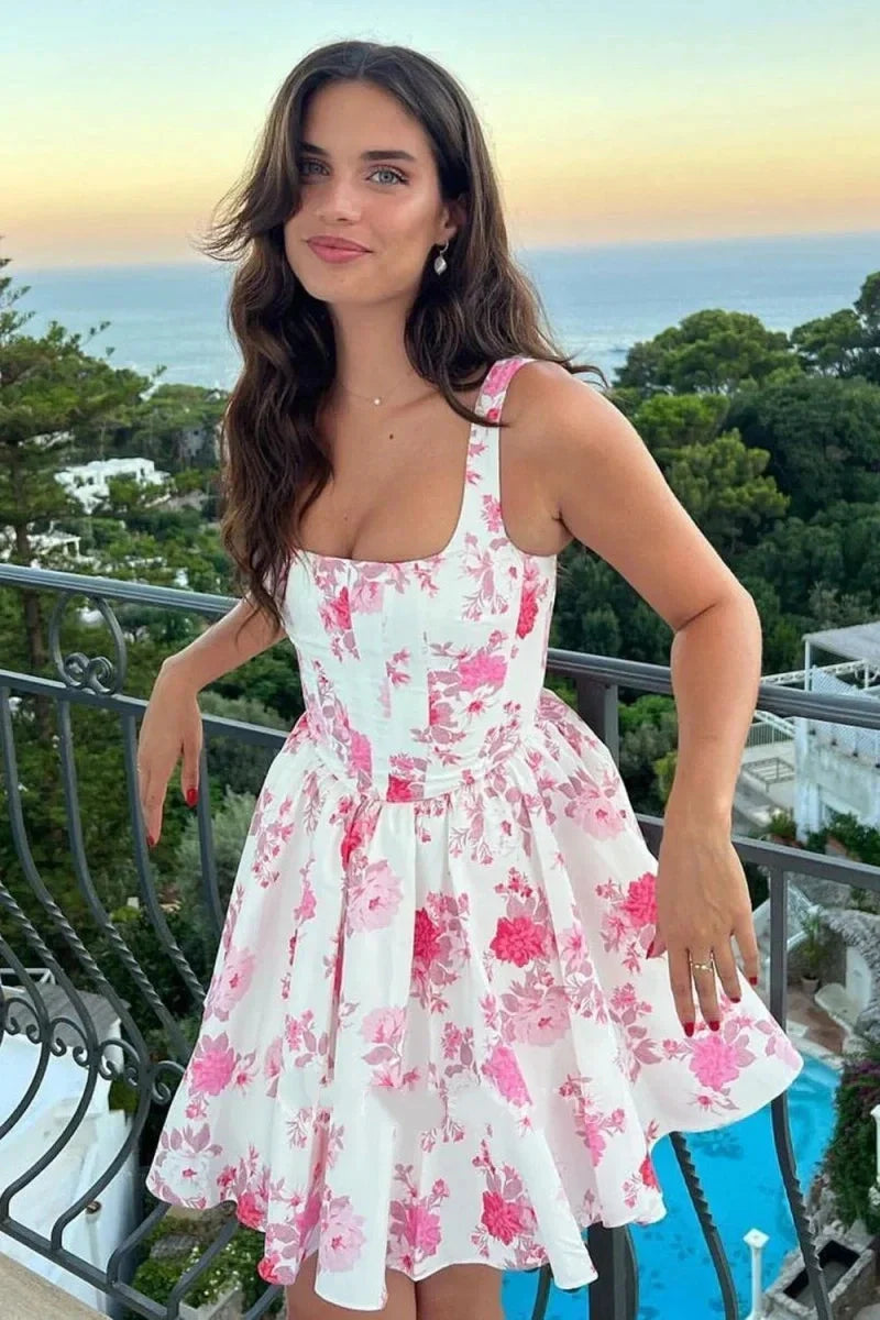 Cheap Floral Short Homecoming Dress Square Straps Summer Dress