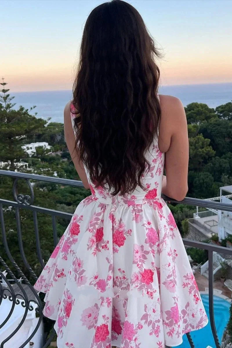 Cheap Floral Short Homecoming Dress Square Straps Summer Dress