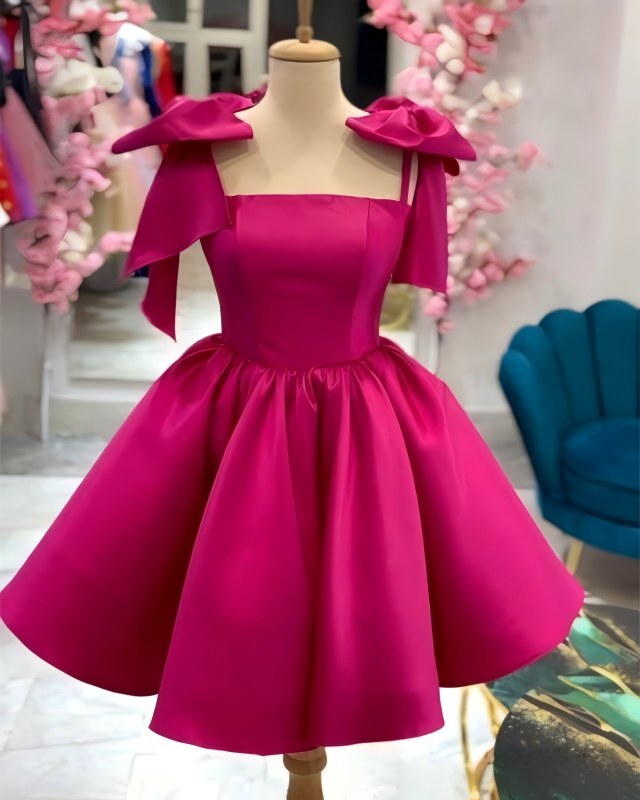 A Line Red Mini Satin Homecoming Dress Bow Straps Short Party Dresses