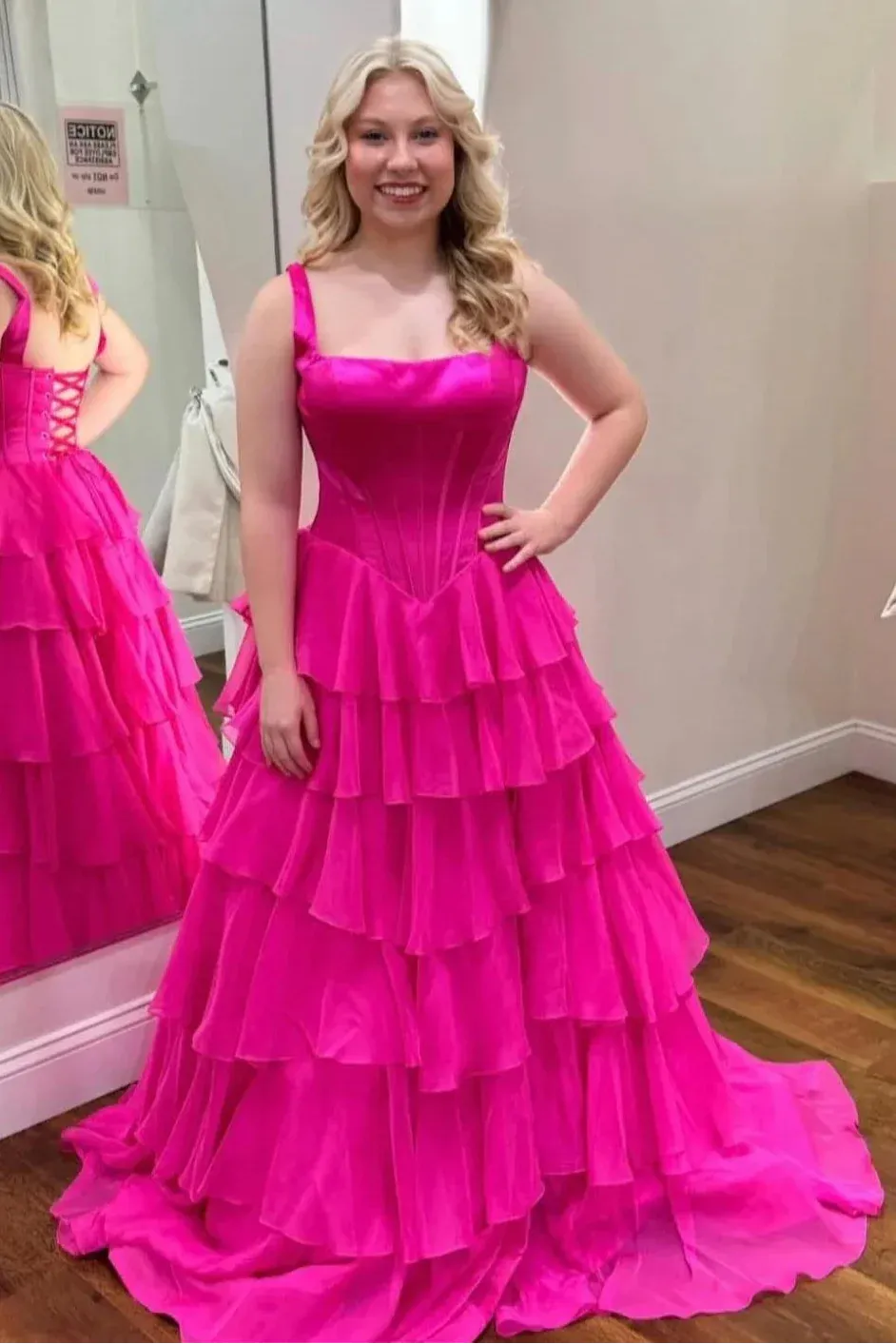 A-Line Fuchsia Prom Dress Square Neck Spaghetti Straps with Ruffles