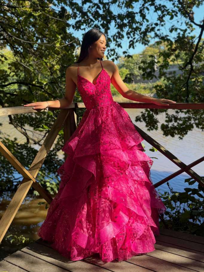bright pink lace and tulle formal gown