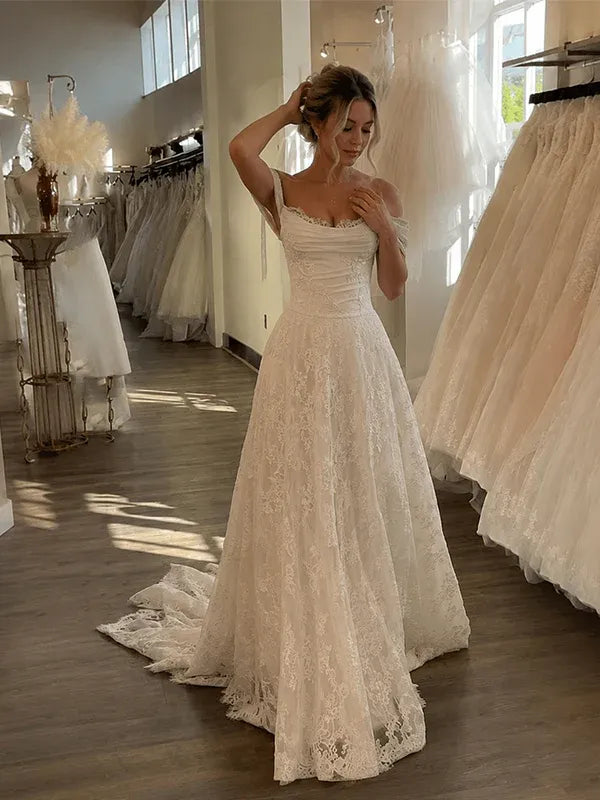 A-line Garden Lace Wedding Dress Off the Shoulder Backless