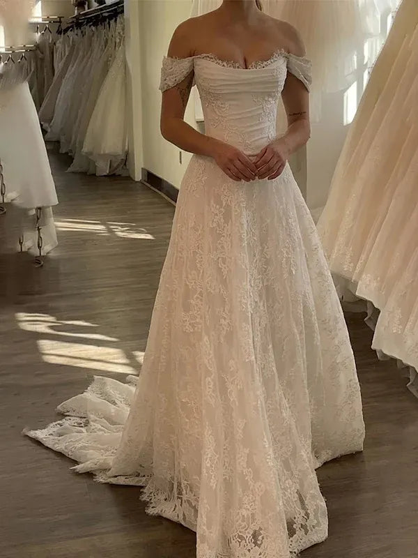 A-line Garden Lace Wedding Dress Off the Shoulder Backless