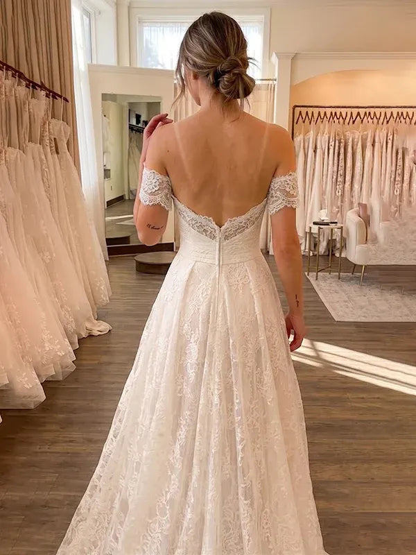 A-line Garden Lace Wedding Dress Off the Shoulder Backless