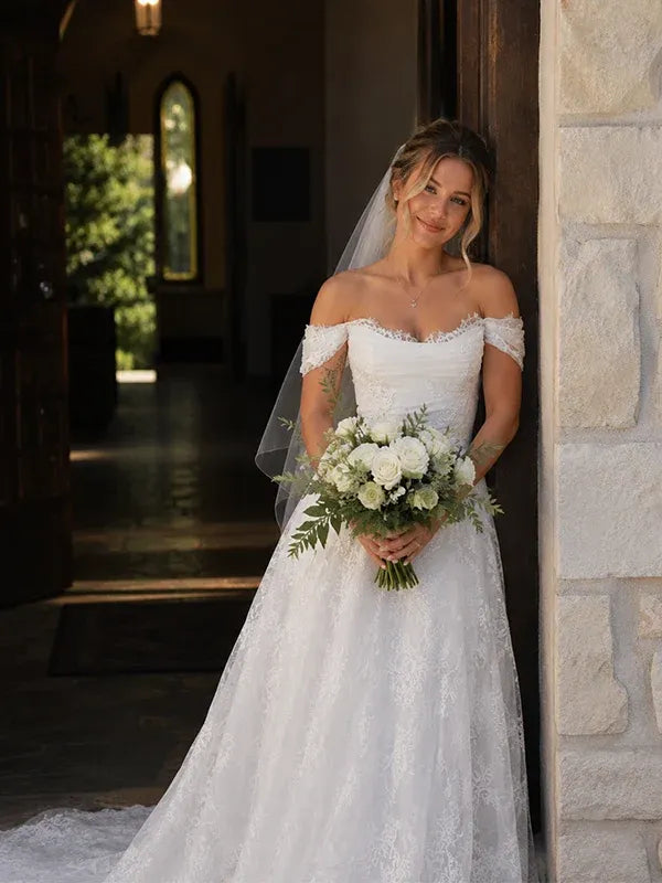 A-line Garden Lace Wedding Dress Off the Shoulder Backless