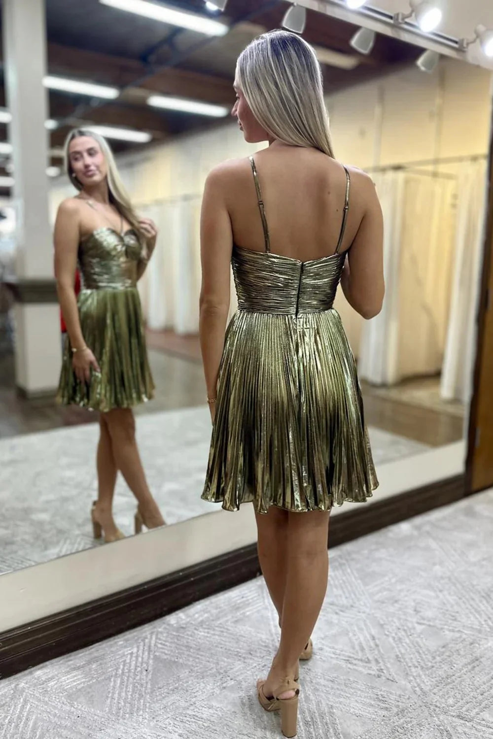A Line Gold Metallic Homecoming Dress Short Halter With Keyhole Mychicdress