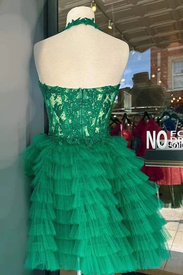 Mychicdress A-Line Halter Green Lace Homecoming Dress Layered Applique