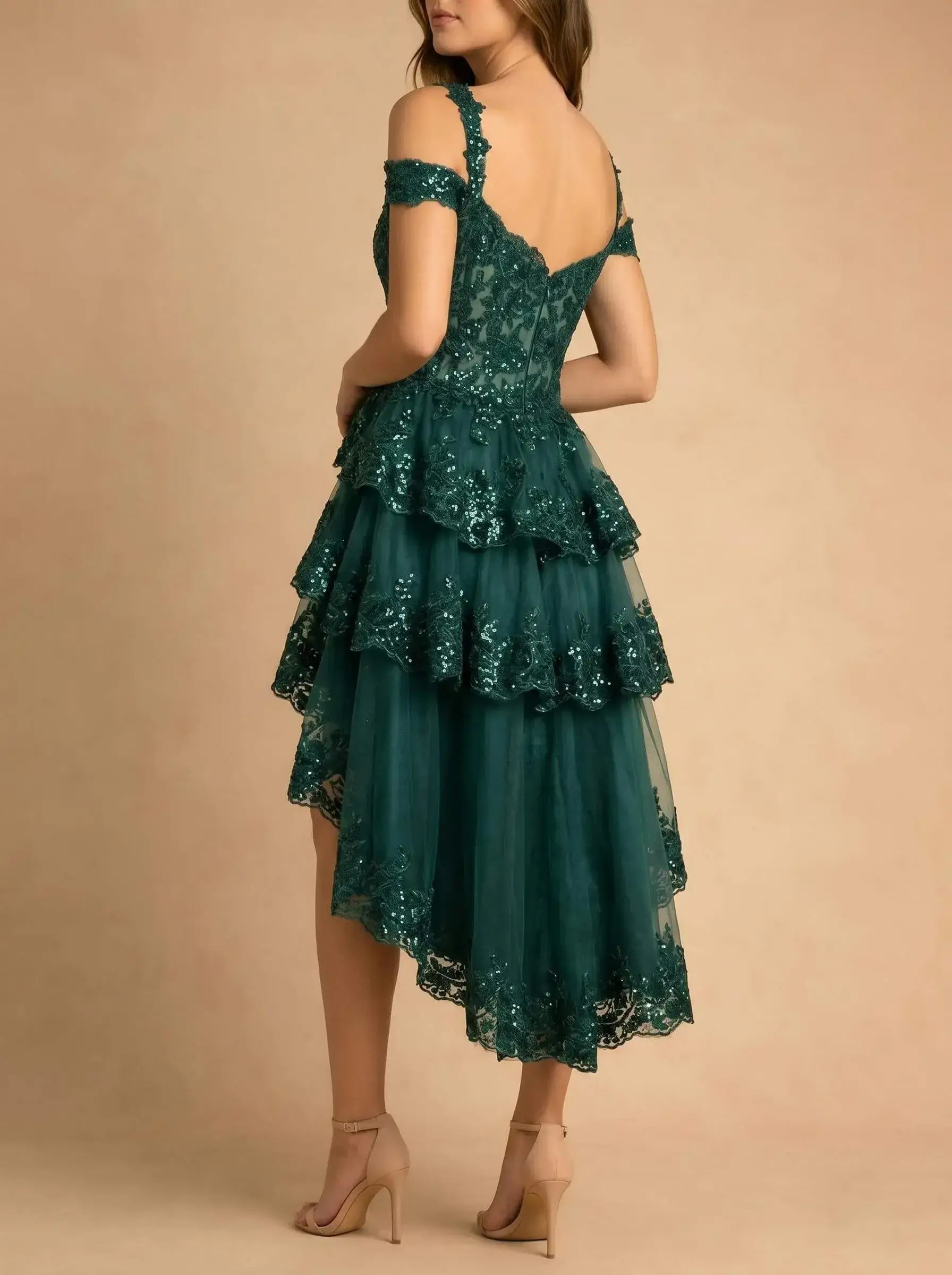 A-Line Hi Low Dark Green Homecoming Dress Asymmetrical With Appliques