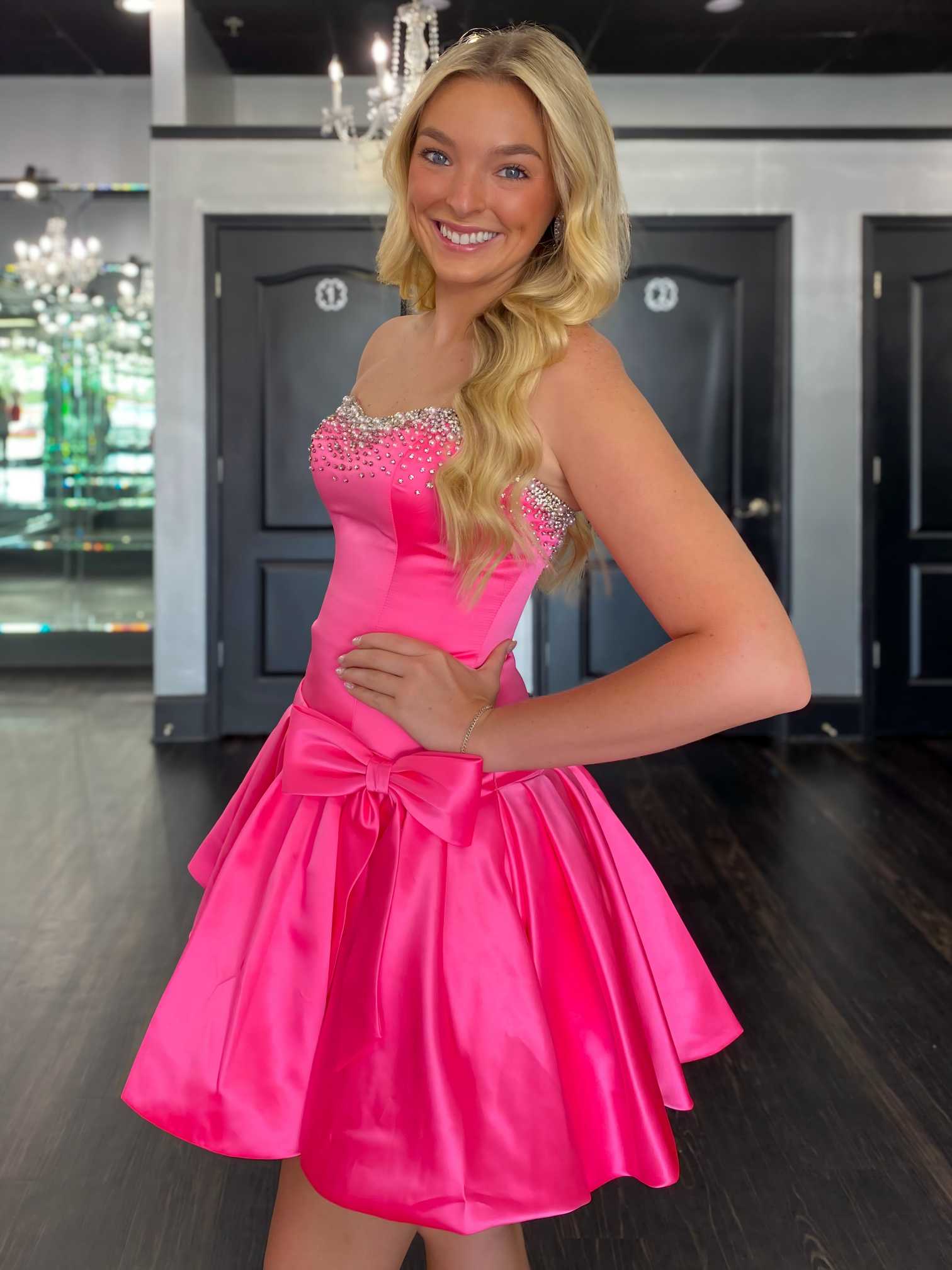 A-line Hot Pink Beaded Satin Homecoming Dresses Short with Bow