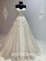 A Line Lace Appliques Pearls Wedding Gown Sweetheart Strapless