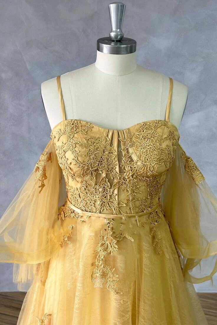 A-line Lace Gold Formal Dress Appliques Sweet 16 Dress with Slit