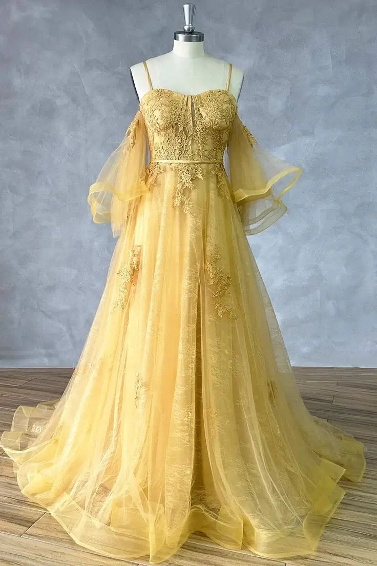 A-line Lace Gold Formal Dress Appliques Sweet 16 Dress with Slit