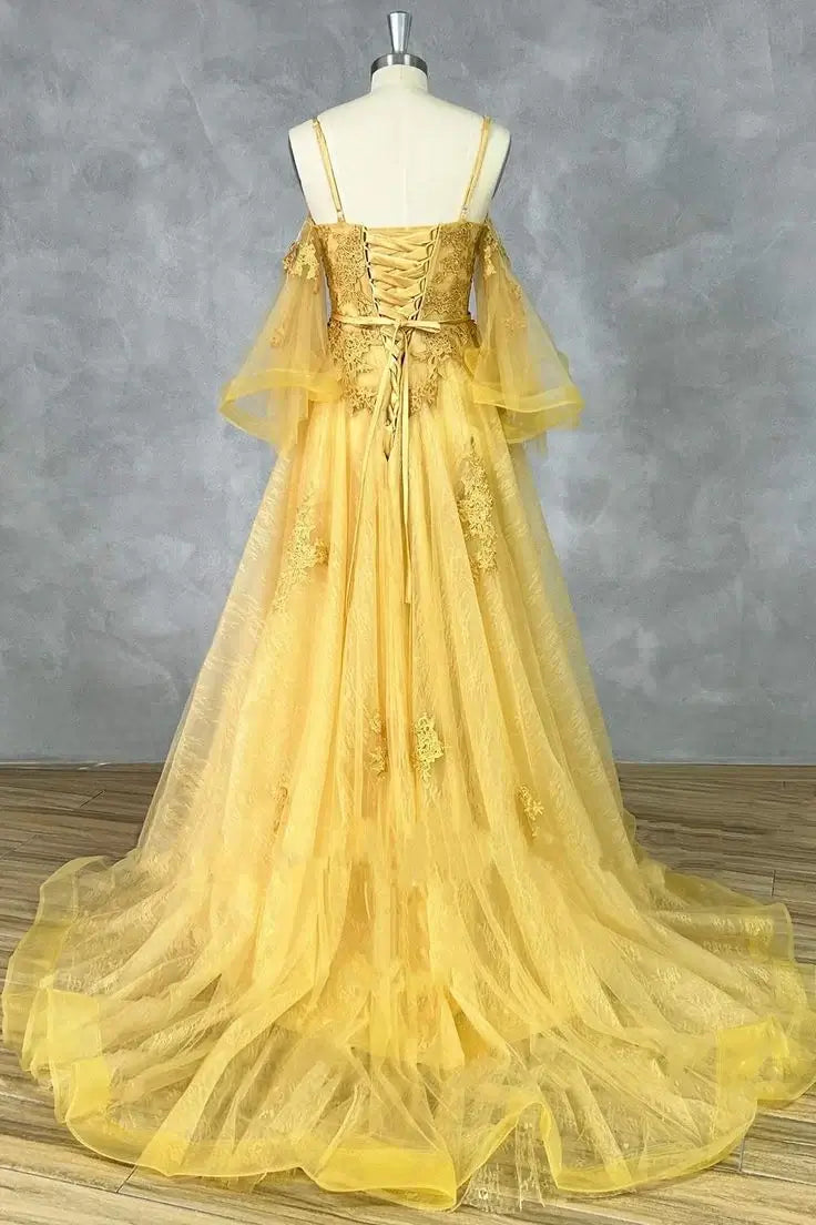 A-line Lace Gold Formal Dress Appliques Sweet 16 Dress with Slit