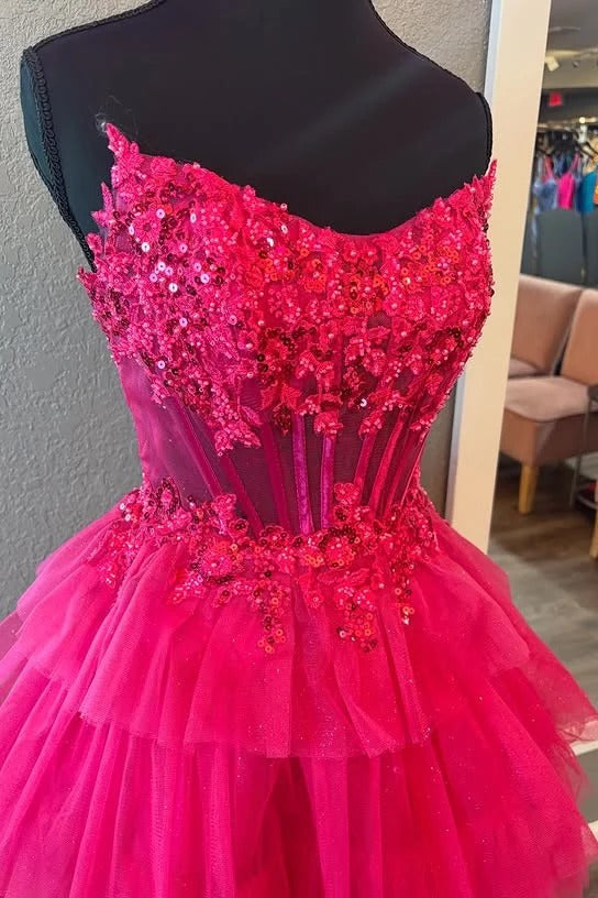 A-Line Lace Strapless Tiered Homecoming Dress Appliques