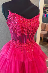 A-Line Lace Strapless Tiered Homecoming Dress Appliques