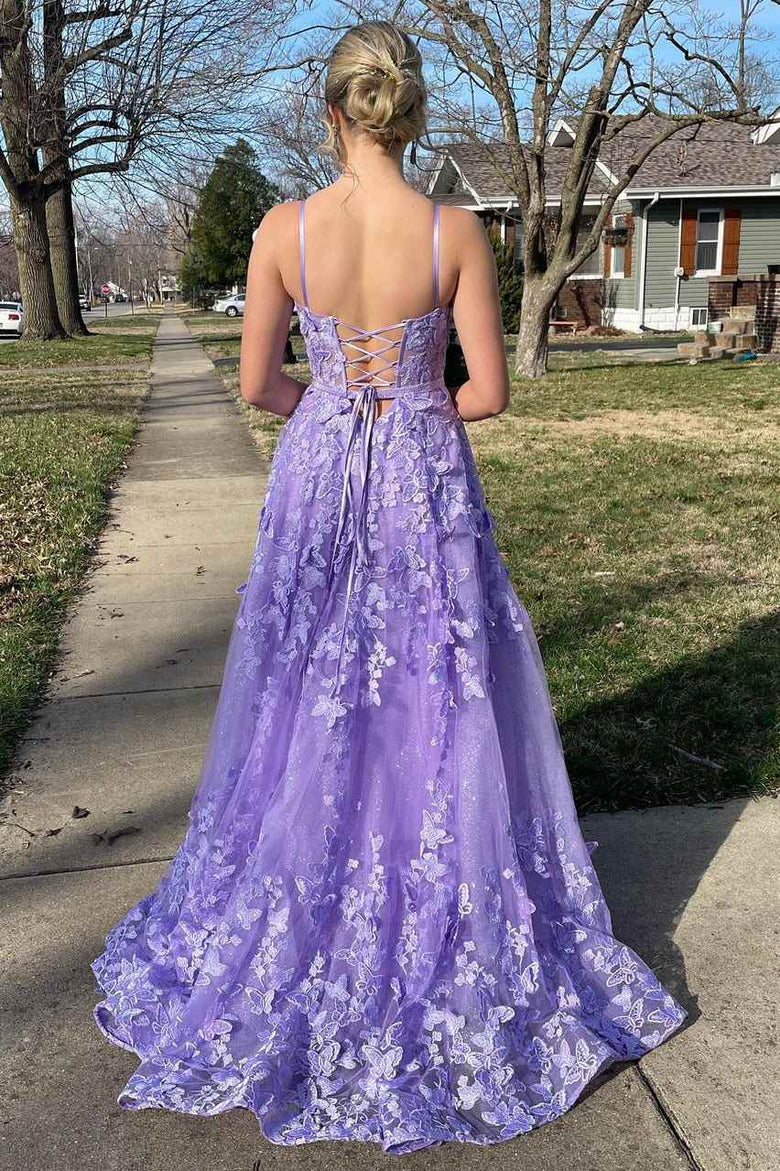 A-Line Lavender Lace Prom Dresses UK with Butterfly Sleeveless Mychicdress