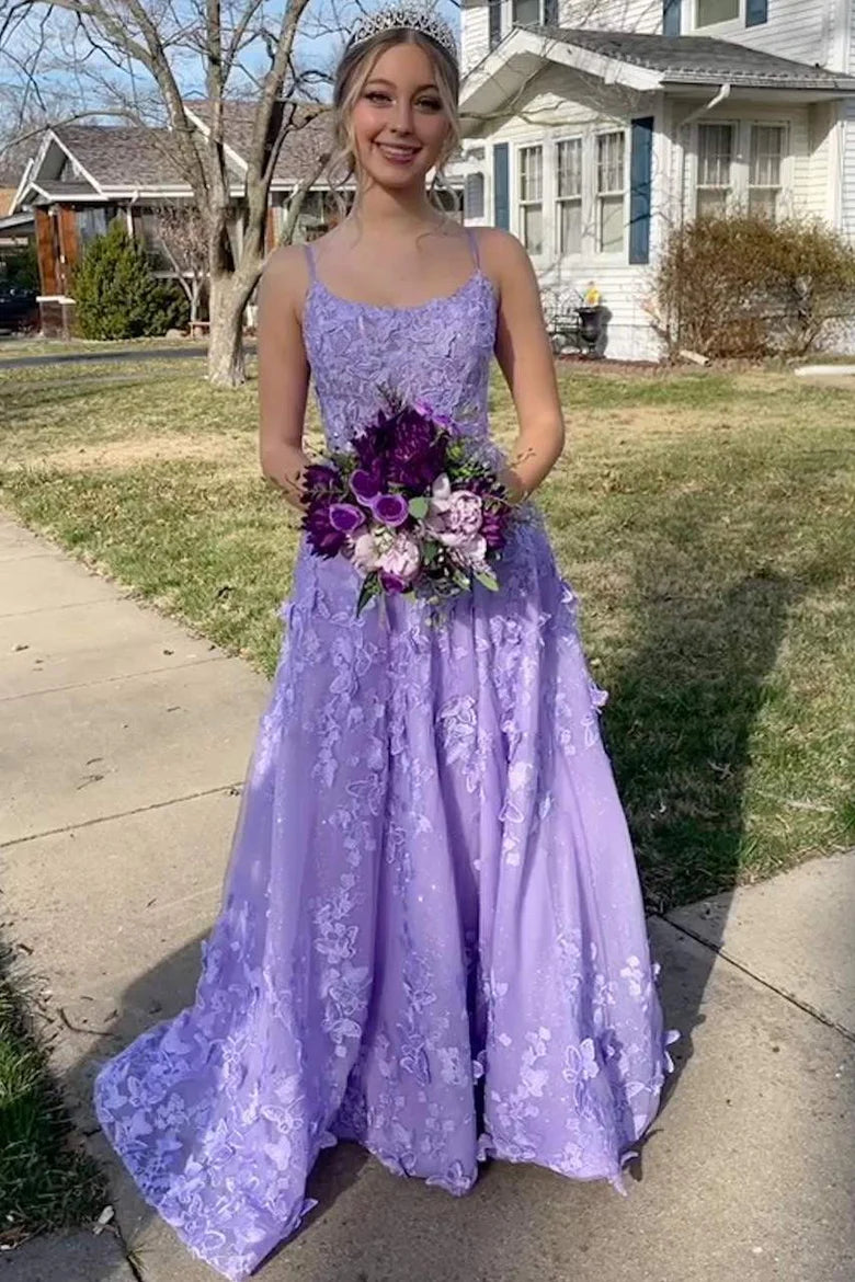 A-Line Lavender Lace Prom Dresses UK with Butterfly Sleeveless Mychicdress