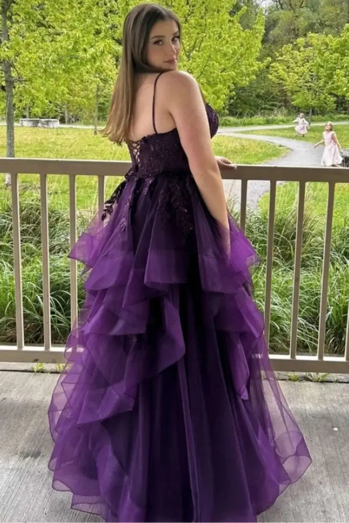 sexy tiered ruffle formal dress purple