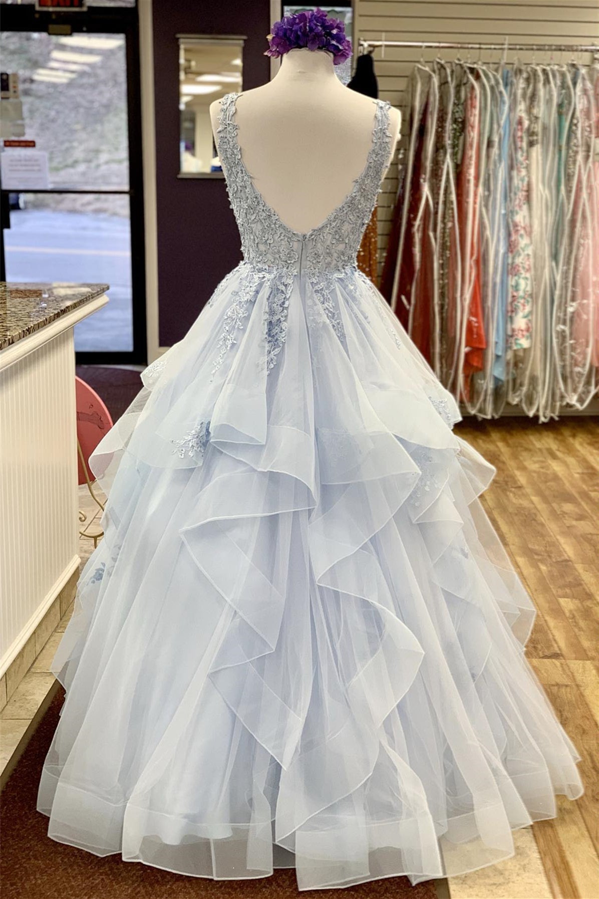 A-line Light Blue Lace  Prom Dress Tiered V Neck With Ruffles Sleeveless