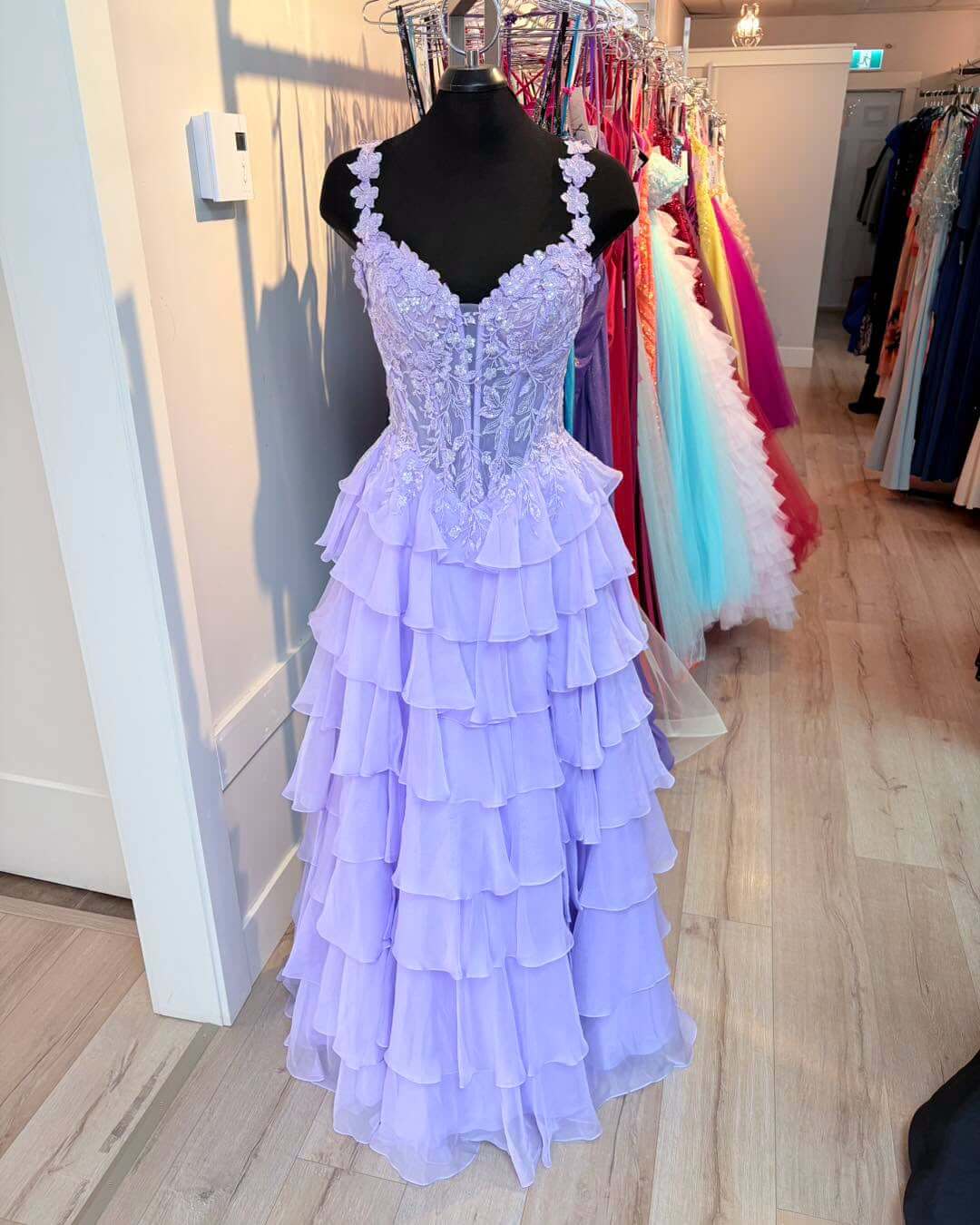 A Line Lilac lace-appliquéd corset Prom Dress floral straps with Ruffles