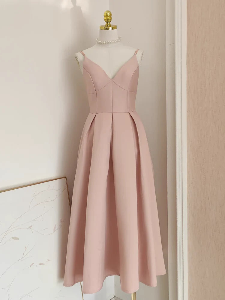 A line Little pink Satin Guest Dress for Wedding Women Birthday Dresses Mychicdress