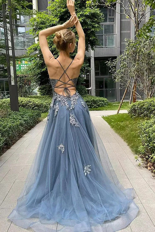 A Line Long Blue Lace Evening Dress V Neck with Beaded
