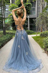 A Line Long Blue Lace Evening Dress V Neck with Beaded