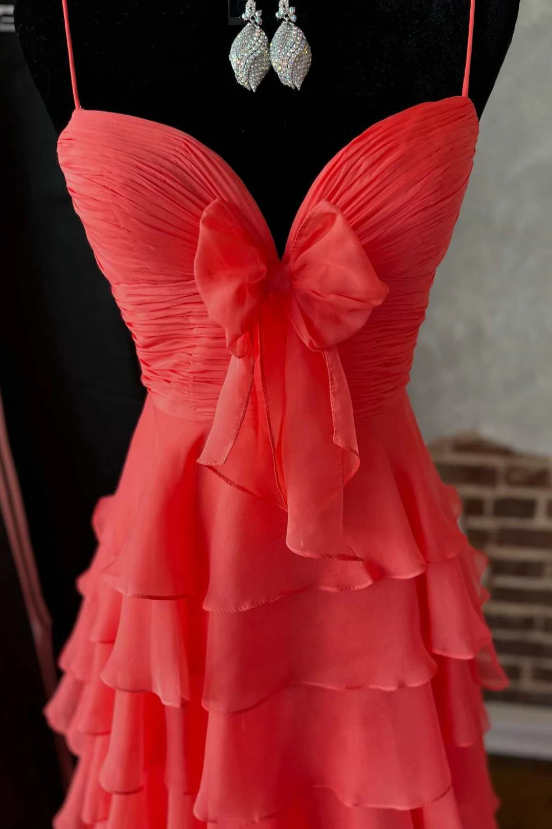 Red evening gown A-line Long Chiffon Tiered Senior Prom Dress with Bow Mychicdress